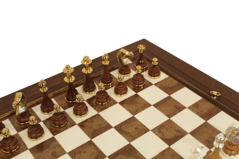 Marble Chess Table Set, Handmade Metal/Wood Pieces, Gold & Silver, Italy