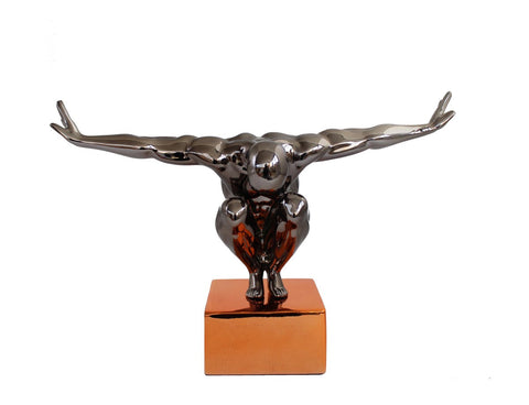Modern Italian Bronze Resin Jumping Man Sculpture, Gray & Orange, 30cm