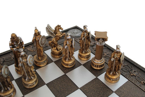 Greeks vs Romans Hand-Painted Resin Chess Set with Unique Board, Made in Italy