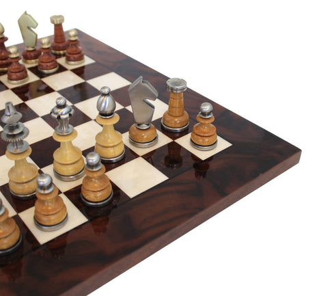 Handmade Brass & Wood Chess Set, Glossy Walnut Board, Italian 42cm Classic