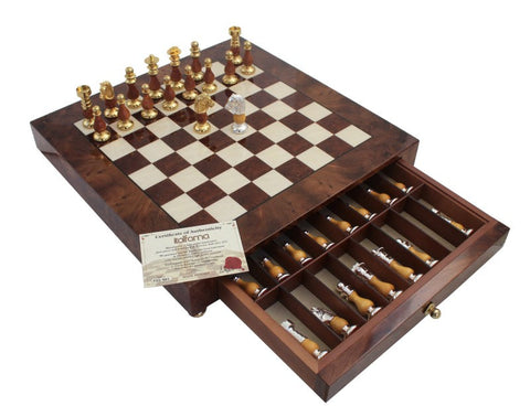 Luxury Italian Handmade Brass & Wood Chess Set, Elm Board Drawer