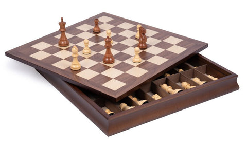 Italian Handmade Chess Set, Maple & Walnut Board with Storage, Weighted Pieces