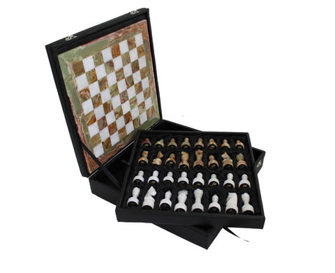 Handmade Onyx & White Marble Chess Set with Leather Case, Made in Italy