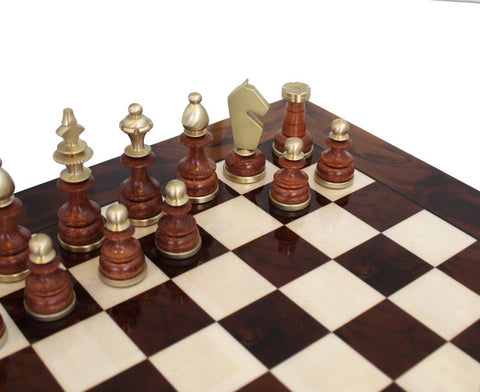 Handmade Brass & Wood Chess Set, Glossy Walnut Board, Italian 42cm Classic