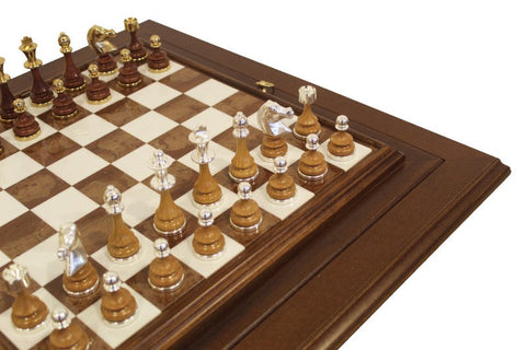 Marble Chess Table Set, Handmade Metal/Wood Pieces, Gold & Silver, Italy