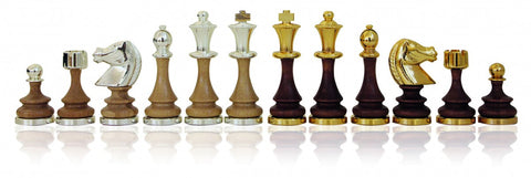 Gold & Silver Plated Brass and Wood Chess Pieces Set, Handmade, 8cm King