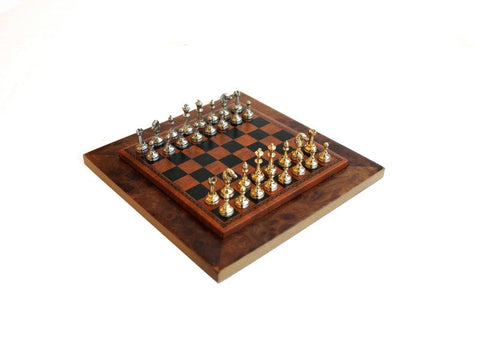 Italian Gold & Silver Plated Metal Chess Set, Wood & Leather Board Storage