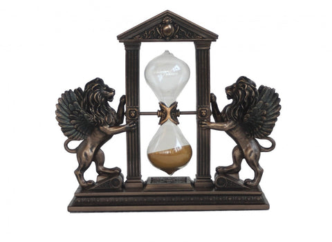 Winged Lion Hourglass Statue, Bronze Resin, 5-Min Timer, 18cm Decor, Italy