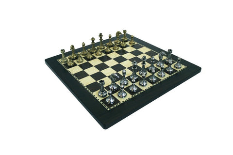 Ebony-Style Wooden Chess Set with Handcrafted Gold & Silver Pieces, Italy