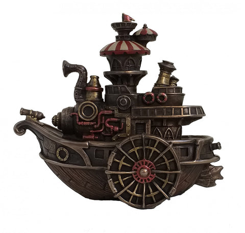 Steampunk Bronze Steamship Statue, Resin, Hand-Finished, 21x11x18 cm, Italy
