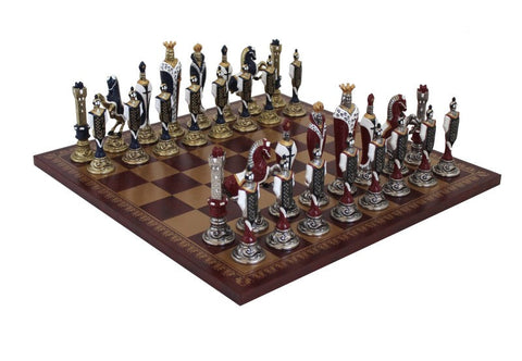Renaissance Metal Chess Set, Faux Leather Board 45cm, Handmade in Italy