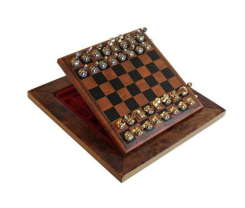 Italian Gold & Silver Plated Metal Chess Set, Wood & Leather Board Storage