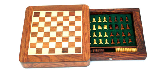 14X14CM MAGNETIC WOODEN CHESS SET WITH DRAWER + CHECKER SET - Hobby.lt 🇬🇧