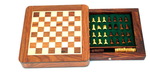 14X14CM MAGNETIC WOODEN CHESS SET WITH DRAWER + CHECKER SET