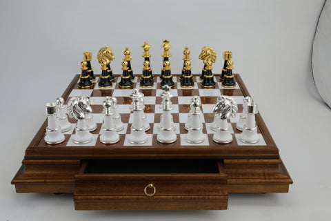 Italian Handmade Wood & Marble Chess Board with Storage Drawer, 60x60 cm