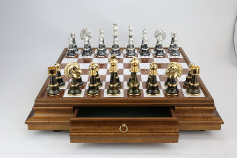 Italian Handmade Wood & Marble Chess Board with Storage Drawer, 60x60 cm