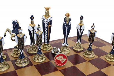 Renaissance Metal Chess Set, Faux Leather Board 45cm, Handmade in Italy