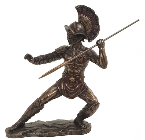 Roman Gladiator Statue with Spear, Bronze Finish Resin, 25cm, Made in Italy