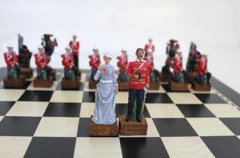 British vs Zulu Chess Set, Hand-Painted Resin, Walnut Board, 40 cm, Handmade