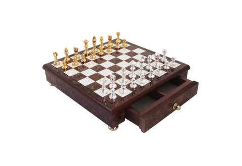 Gold & Silver Plated Brass Chess Set, Elm Wood Board with Drawer, Italy
