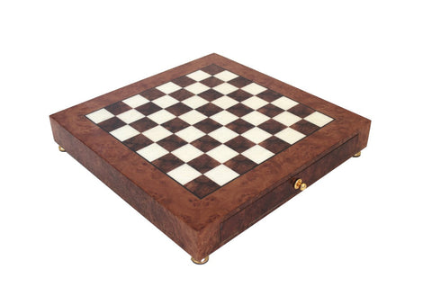 Luxury Italian Handmade Brass & Wood Chess Set, Elm Board Drawer