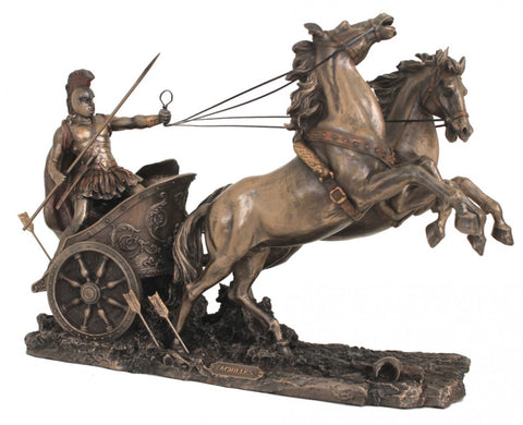 Greek Hero Achilles Chariot Bronze Resin Statue, 25cm, Made in Italy