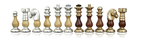 French Style Brass & Wood Chess Pieces, Handmade, Gold/Silver Plated, 7.5cm King