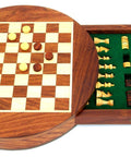 16X16CM MAGNETIC WOODEN ROUND CHESS SET WITH DRAWER + CHECKER SET - Hobby.lt 🇬🇧