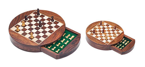 16x16cm Small Round Set: Magnetic Wooden Chess Set With Drawer