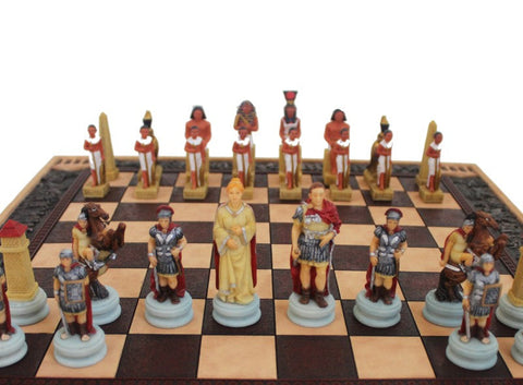 Hand-Painted Roman vs Egyptian Resin Chess Set & Board, Made in Italy