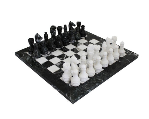 Handmade Marble Chess Set Black & White with Leather Case, Italian 30cm Board