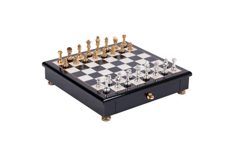 Handmade Brass Chess Set, Gold/Silver Pieces, Wood Board with Drawer, Italy