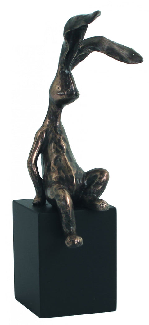 Bronze Resin Bunny Figurine on Cube Base, 17cm Rabbit Statue, Made in Italy
