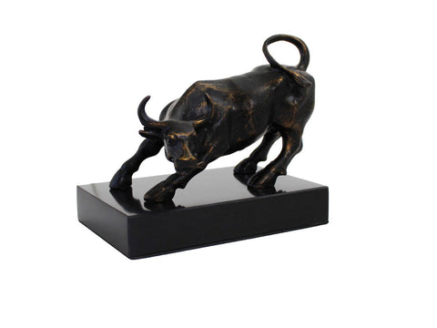 Brass Bull Statue on Black Marble Base, Handmade Italian Sculpture 18x12x16cm