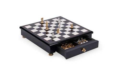Handmade Brass Chess Set, Gold/Silver Pieces, Wood Board with Drawer, Italy