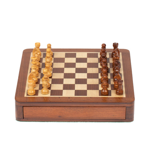 19X19CM SOLID WOOD MAGNETIC WOODEN CHESS SET WITH DRAWER + CHECKER SET