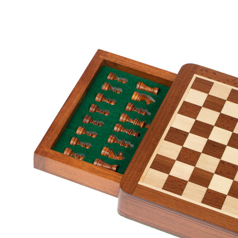 19X19CM SOLID WOOD MAGNETIC WOODEN CHESS SET WITH DRAWER + CHECKER SET