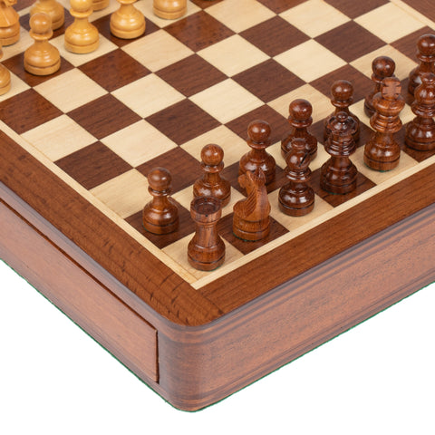 19X19CM SOLID WOOD MAGNETIC WOODEN CHESS SET WITH DRAWER + CHECKER SET