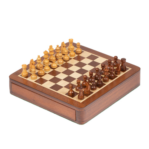 19X19CM SOLID WOOD MAGNETIC WOODEN CHESS SET WITH DRAWER + CHECKER SET