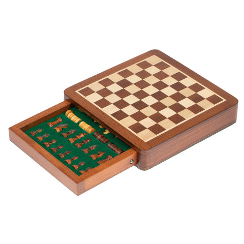 19X19CM SOLID WOOD MAGNETIC WOODEN CHESS SET WITH DRAWER + CHECKER SET