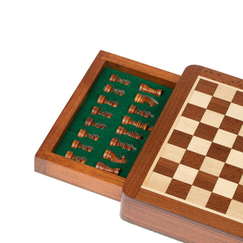 Magnetic Wooden Chess Set with Drawer + Checkers, 19.5cm Travel Handmade