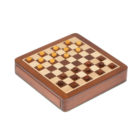 Magnetic Wooden Chess Set with Drawer + Checkers, 19.5cm Travel Handmade