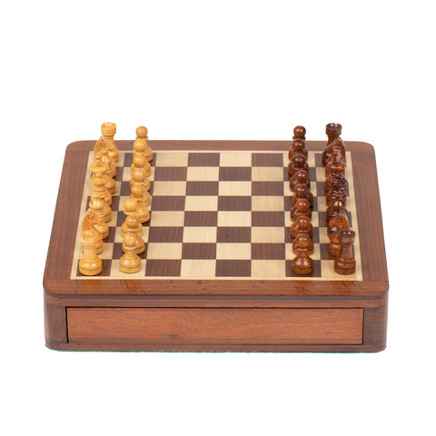 Magnetic Wooden Chess Set with Drawer + Checkers, 19.5cm Travel Handmade