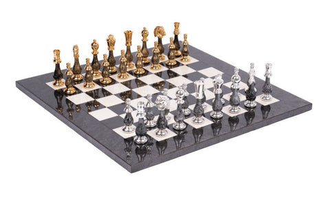 Handmade Brass & Wood Chess Set, Gold/Silver Plated Pieces, 51cm Board, Italy