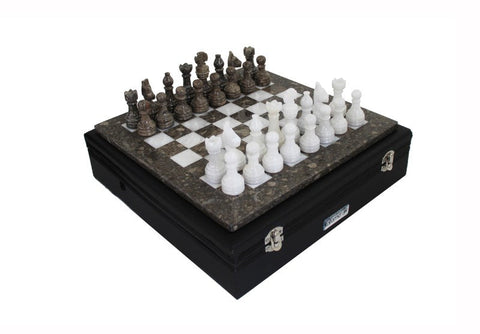 Luxury Handmade Gray & White Marble Chess Set with Leather Case, 30cm, Italian