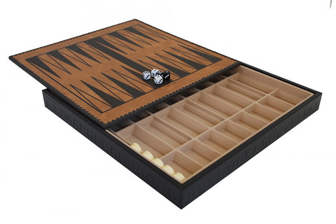 Gold Black Faux Leather Chess Board with Storage, Checkers & Backgammon, 48cm