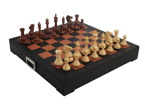 Luxury Mahogany Chess Set, Real Leather Board, Drawer Storage, Made in Italy