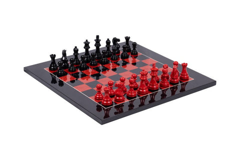 Handmade Wooden Chess Set, Red/Black Board, Weighted Pieces, Made in Italy
