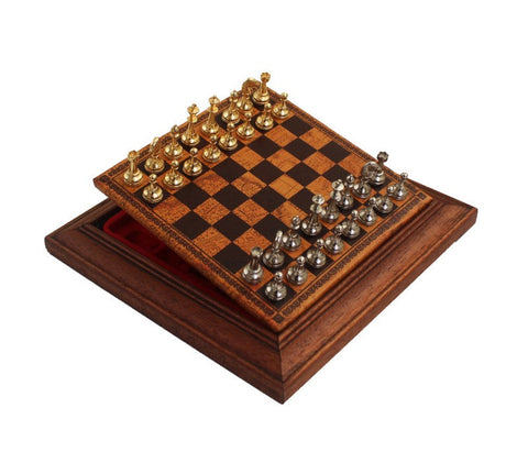 Gold & Silver Plated Metal Chess Set, Leather Board with Drawer, Made in Italy