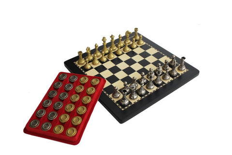 Wood Chess Board with Gold & Silver Metal Pieces + Checkers | Made in Italy